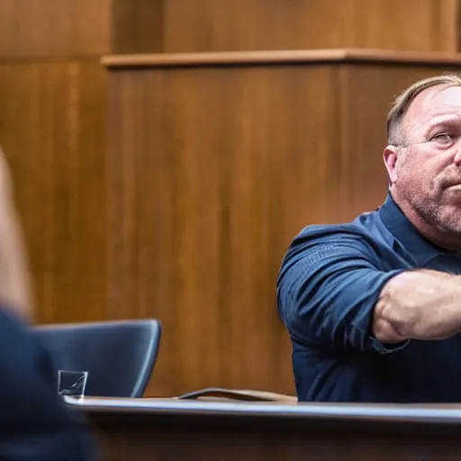 Prompt: Alex Jones desperately reaching for his out of reach phone in the courtroom, EOS 5DS R, ISO100, f/8, 1/125, 84mm, RAW, Dolby Vision, Unblur