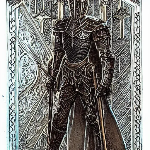 Prompt: gothic knight, intricate etched armor, standing astride a gate, in the style of terese nielsen, full color