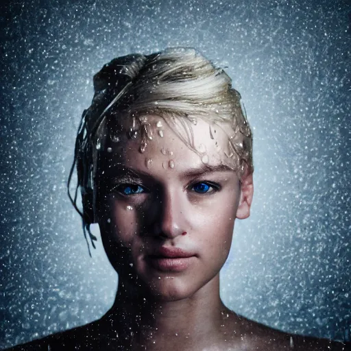 Prompt: a beautiful blond girl with human face and cybernetic body, standing on top of a pile of sculls, pretty face, perfect face, fine details, heavy rain, 8 k, shallow depth of field, moody lighting, cinematic lighting,