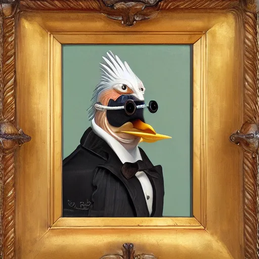 Image similar to a humanoid chicken butler with a fancy mustache and a monocle, highly detail, oil painting , accurate anatomy,