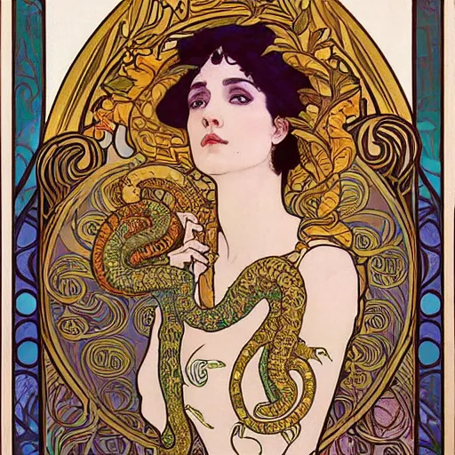 Image similar to cleopatra with coiled serpents beautiful detailed romantic art nouveau face portrait by alphonse mucha, kay nielsen, yoshitaka amano, and gustav klimt, hauntingly beautiful refined moody dreamscape