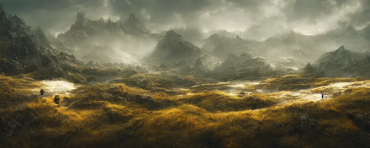 Image similar to ” otherwordly landscape covered with thick cream and honey, [ by wlop, cinematic, detailed, epic, widescreen, opening, establishing, mattepainting, photorealistic, realistic textures, octane render ] ”