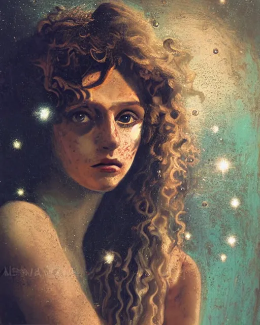 Image similar to a beautiful and eerie baroque painting of a gorgeous young woman in dead space, with wild curly hair and haunted eyes and freckles, 1 9 7 0 s, seventies, space station, neon light showing injuries, delicate ex embellishments, painterly, offset printing technique