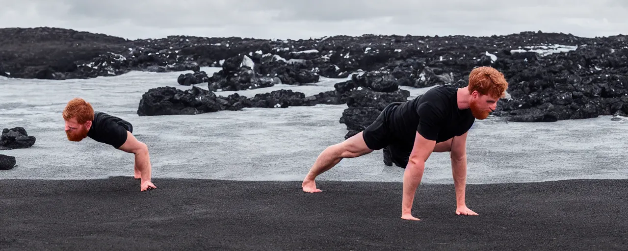 Image similar to cinematic shot of giant symmetrical ginger handsome gym bro doing pushups in the middle of an endless black sand beach in iceland with icebergs in the distance,, 2 8 mm