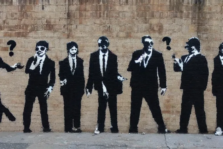 Prompt: a banksy street art painting of several men in black fbi suits with question marks instead of heads