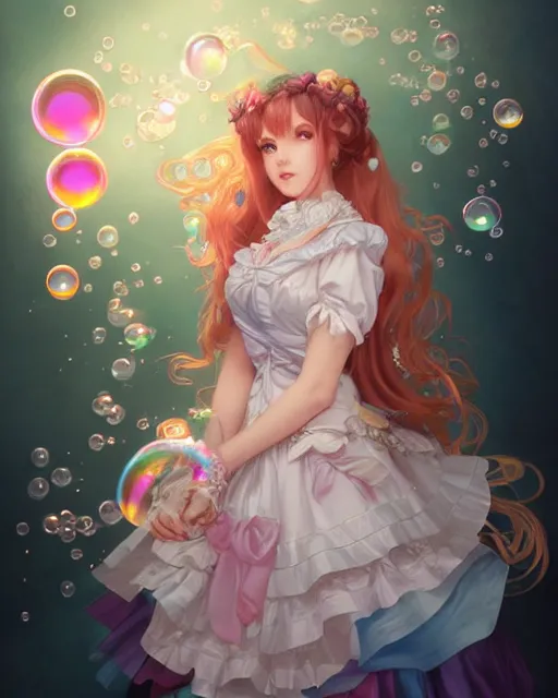 Image similar to portrait of magical lolita girl, dreamy and ethereal, expressive pose, big gold eyes, exciting expression, fantasy, intricate, elegant, many rainbow bubbles, rose tones, highly detailed, anime, artstation, concept art, cyberpunk wearing, smooth, sharp focus, illustration, art by artgerm and greg rutkowskiand alphonse mucha