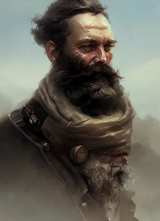 Prompt: portrait of a rugged sea captain, victorian, concept art, detailed face, fantasy, close up face, highly detailed, cinematic lighting, digital art painting by greg rutkowski