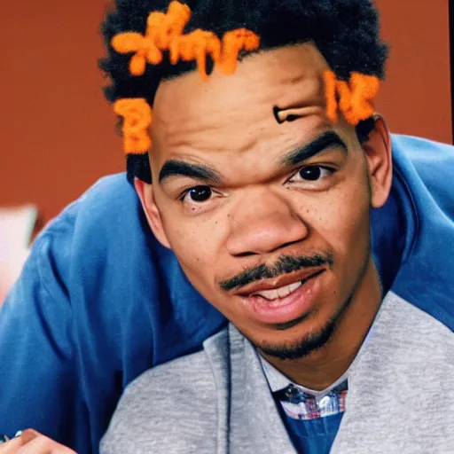 Image similar to a tv still of Chance The Rapper starring as a black college student at Jones College Prep in a 1993 sitcom