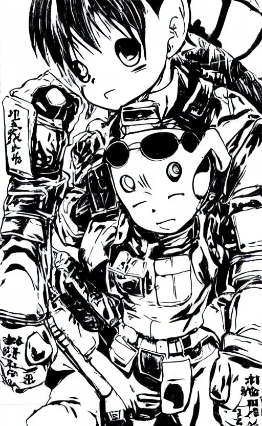 Image similar to manga, monochromatic, toriyama akira, the soldier girl character is talking