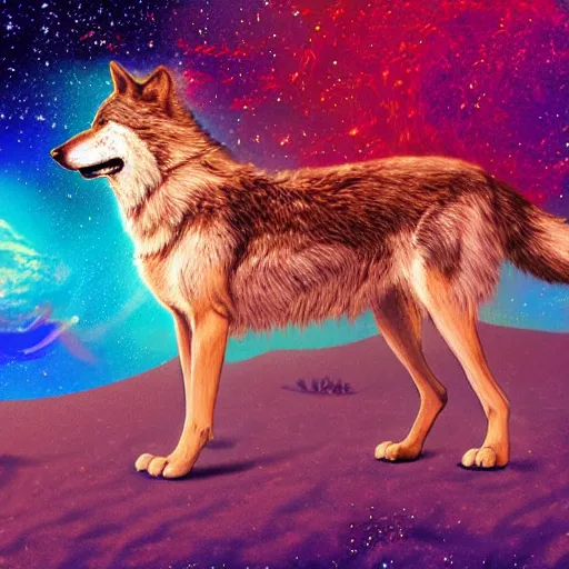 Prompt: a cosmic wolf in the desert