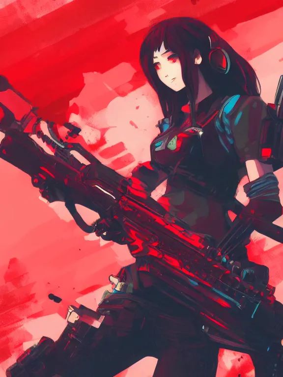 Image similar to a female character with a gun and a red background, cyberpunk art by muqi, featured on pixiv, rayonism, sci - fi, pixiv, official art