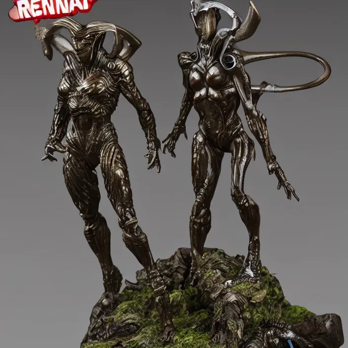 Image similar to 80mm resin detailed miniature of a Alien and a Female warrior, Product Introduction Photos, 4K, Front view, Full body