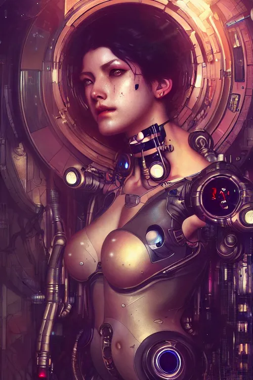 Image similar to ultra realistic, beautiful female cyborg in a crowded smoky cyberpunk club in space megalopolis, sci - fi, intricate details, eerie, highly detailed, octane render, 8 k, art by artgerm and alphonse mucha and greg rutkowski