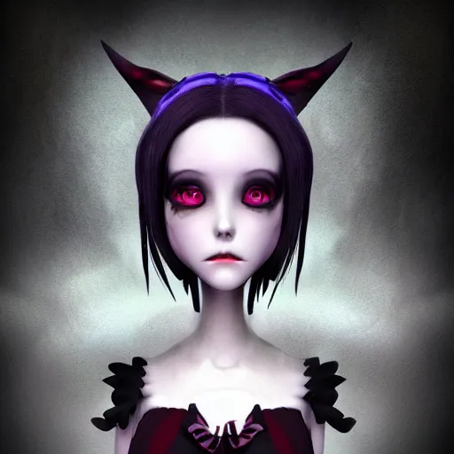 Image similar to portrait of beautiful darkness witch 3D anime girl, dark forest background, inspired by Tim Burton, digital painting, unreal engine render, volumetric light, high détail