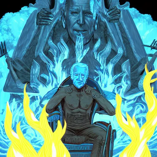 Image similar to Joe Biden sitting on a throne of skulls surrounded by fire, digital painting, highly detailed, trending on Artstation