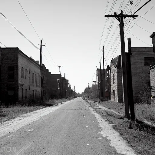 Prompt: walking in the middle of a narrow road in a depression era crammed mid - west town that was abandoned w 6 0 0