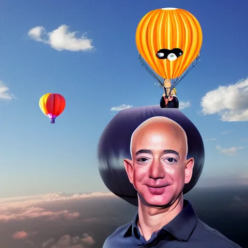 Prompt: Jeff Bezos floating head as a Hot air balloon in the sky