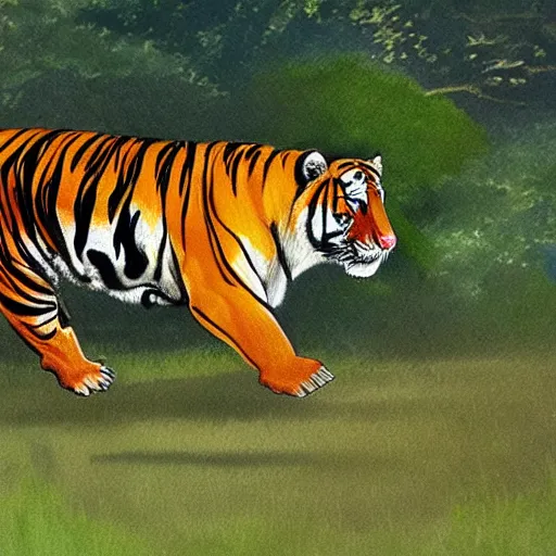 Image similar to A very detailed photorealistic image of a cow sneaking around a tiger unnoticed, to scare the tiger away by mooing into tiger's ear unexpectedly.