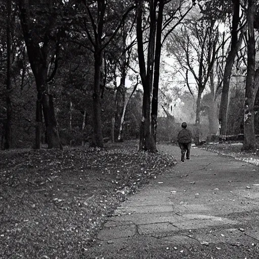 Image similar to old black man walking in woods at night, security camera footage, cctv, black and white,