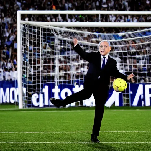 Image similar to Benjamin Netanyahu scoring a goal, soccer stadium