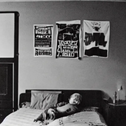 Prompt: a photo of a 1 4 year old boys bedroom from the year 1 9 8 2