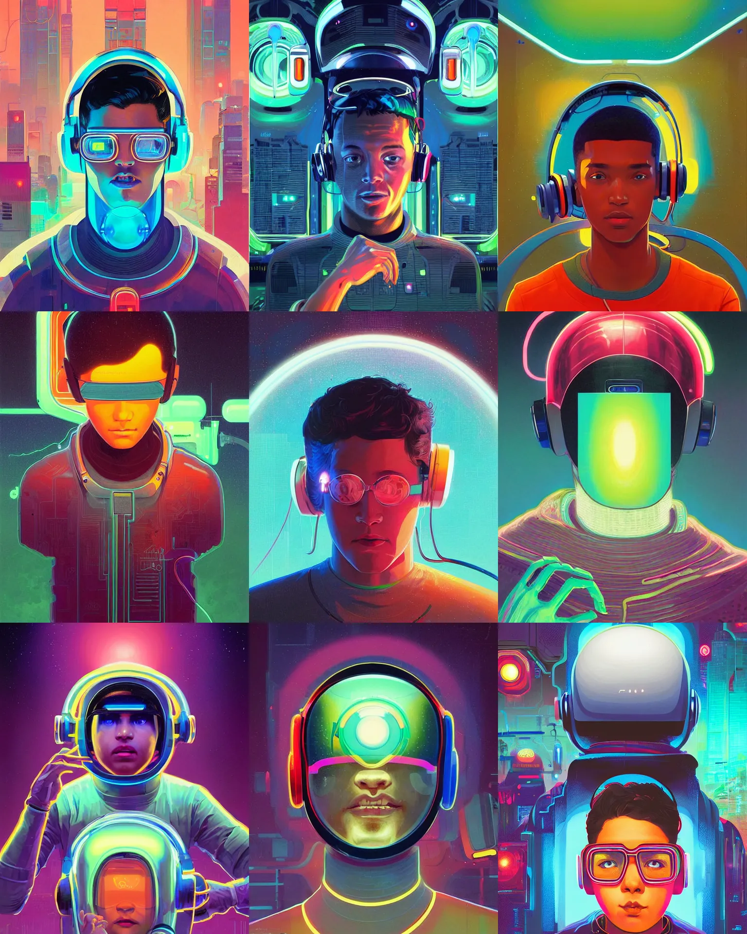 Prompt: future coder man looking on, sleek cyclops display over eyes and sleek bright headphoneset, neon accent lights, holographic colors, desaturated headshot portrait digital painting by victo ngai, rhads, john berkey, tom whalen, alex grey, alphonse mucha, donoto giancola, astronaut cyberpunk electric