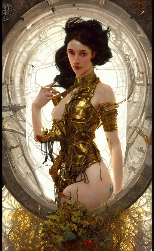 Image similar to hyper realistic time machine, cyberpunk, design on white background, beautiful details, lush foliage cyberpunk, gold, drawn by john singer sargent, tom bagshaw, norman rockwell, alphonso mucha, lolish, trending on artstation