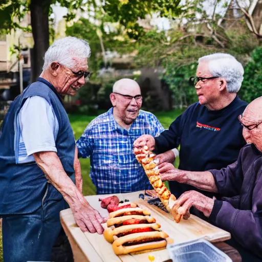 Prompt: elderly men fighting over a hotdog, 🌭, canon eos r 3, f / 1. 4, iso 2 0 0, 1 / 1 6 0 s, 8 k, raw, unedited, symmetrical balance, wide angle