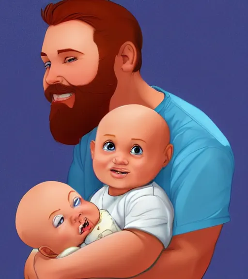 Prompt: a father with short red hair, a short red beard and blue eyes and a chubby face hold his infant baby boy with bald brown hair full color digital illustration in the style of don bluth, artgerm, artstation trending, 4 k