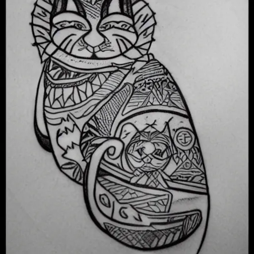 Image similar to tattoo sketch on yellow paperp, polynesian style, cat hugging the sun, maori