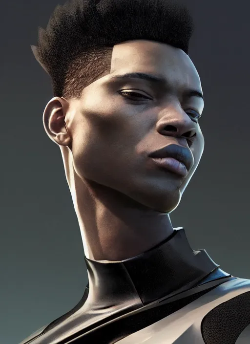 Prompt: side profile of a young black man with a mohawk and solid black irises, wearing futuristic techwear highly detailed, angular jawline, digital painting, artstation, concept art, smooth, sharp focus, illustration, art by wlop, uang guangjian and gil elvgren and sachin teng and greg rutkowski