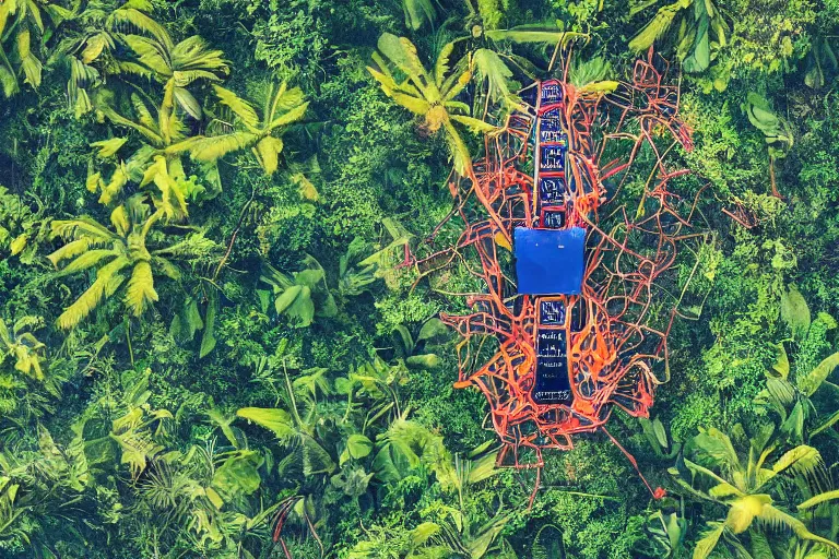 Image similar to bottom up shot of plane dropping smartphones in the jungle by jill charuk, colorful, highly detailed, decollage 4 k