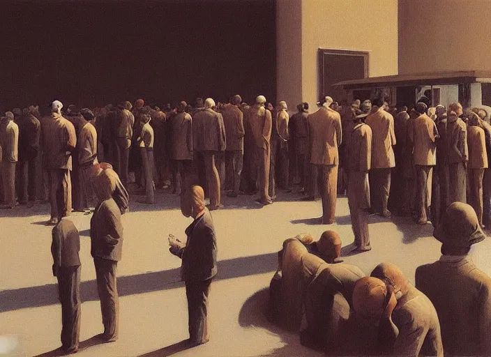 Image similar to crowd waiting in line, science fiction, Edward Hopper and James Gilleard, Zdzislaw Beksinski highly detailed