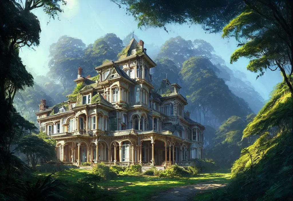 Image similar to a victorian mansion on a hillside surrounded by jungle, clear blue sky, cinematic view, concept art, high detail, well lit, volumetric, godrays, vivid, trending on artstation, by jordan grimmer, art greg rutkowski