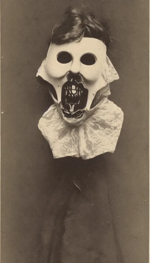 Prompt: a portrait photograph of a victorian wearing a scary vintage halloween mask, 1 9 0 0 s picture