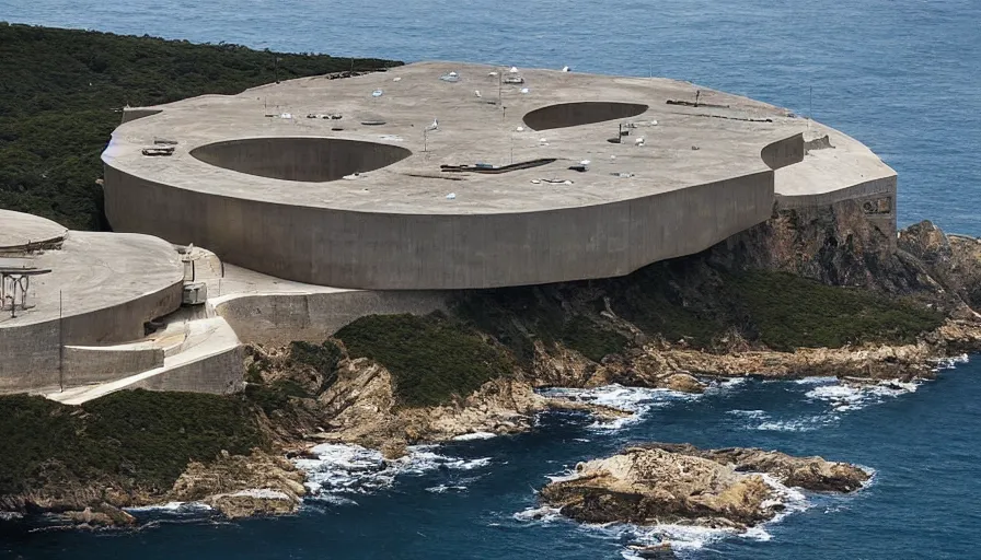 Image similar to big military base perched on a cliff overlooking a magnificient bay, laboratory, drawing architecture, science fiction, pritzker architecture prize, greig fraser