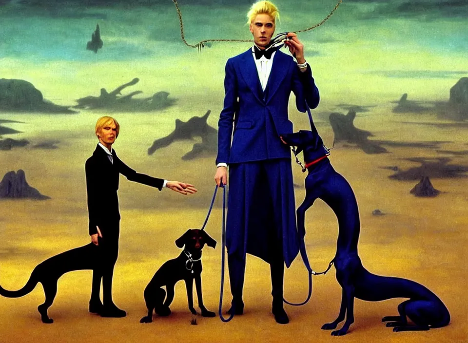 Image similar to realistic detailed portrait movie shot of an elegant blond male vampire with a doberman on a leash, sci fi landscape background by denis villeneuve, amano, yves tanguy, alphonse mucha, max ernst, caravaggio, roger dean, masterpiece, rich moody colours, dog teeth, blue eyes