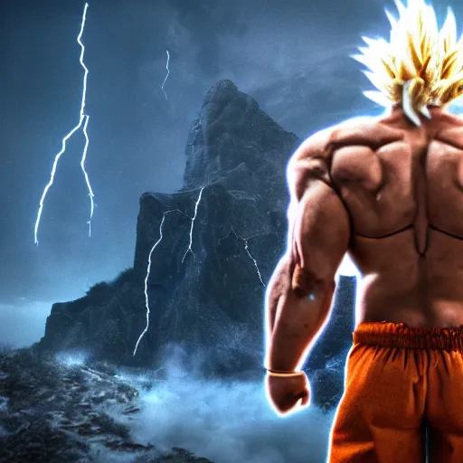 Image similar to photorealistic full shot of Dwayne Johnson as a warrior style goku super saiyan at moonlight, snowing, lightning bolt, high detail, unreal engine 4k volumetric light, fog,