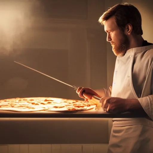 Prompt: A still of Ben Kenobi making a pizza, 4k, photograph, ultra realistic, highly detailed, professional lighting
