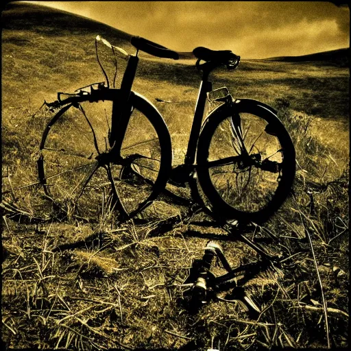 Image similar to Punctured bicycle on a hillside desolate