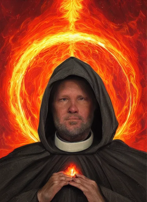 Image similar to detailed portrait of Fr. Mike Schmitz wearing a cloak over his head, eyes on fire with celestial flames, a halo of shimmering color around him, future earth in the background, by Jason Jenicke and Jeremy Mann, intricate, beautiful, stylized, detailed, realistic, loose brush strokes, dramatic, enduring, captivating, Artstation