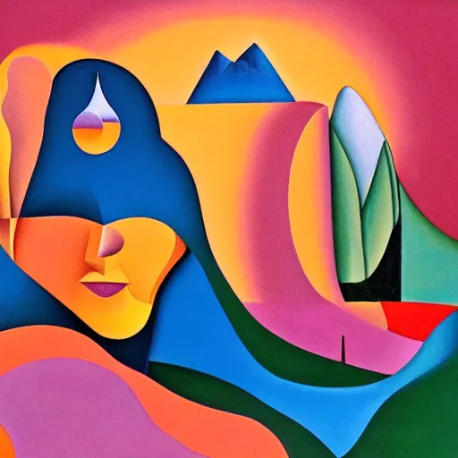 Image similar to woman as the natural landscape, her curves form the mountains and rivers of the land , high quality art in the style of cubism and georgia o’keefe,