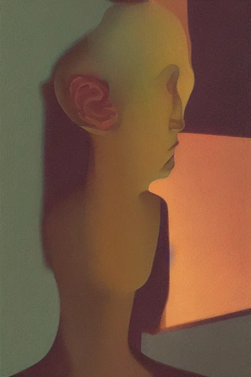 Image similar to woman wearing Oculus and digital glitch head Edward Hopper and James Gilleard, Zdzislaw Beksisnski, higly detailed