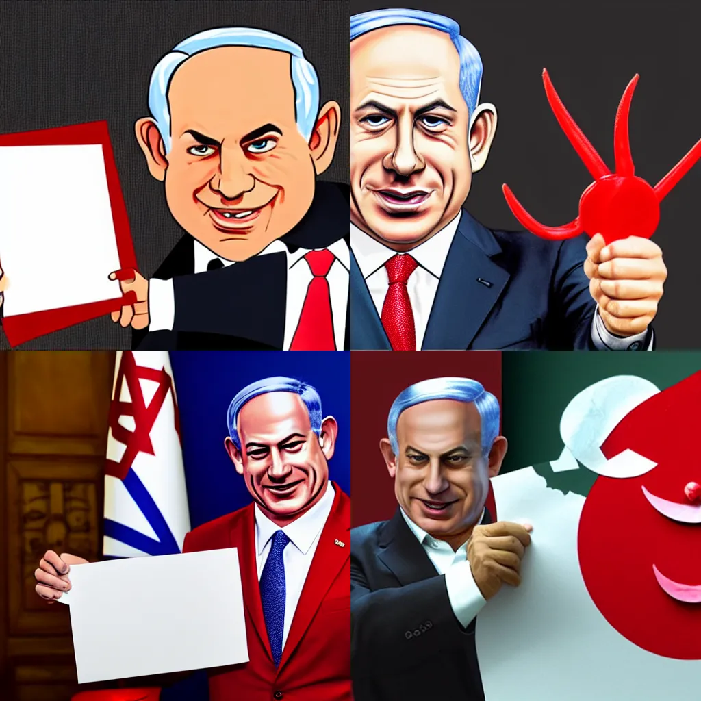 Prompt: a cartoon of Benjamin Netanyahu holding a piece of paper, smiling with two red horns like the devil