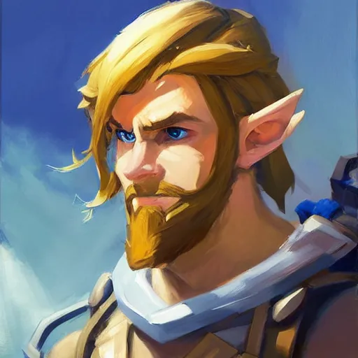 Image similar to greg manchess portrait painting of link from legend of zelda as overwatch character, medium shot, asymmetrical, profile picture, organic painting, sunny day, matte painting, bold shapes, hard edges, street art, trending on artstation, by huang guangjian and gil elvgren and sachin teng