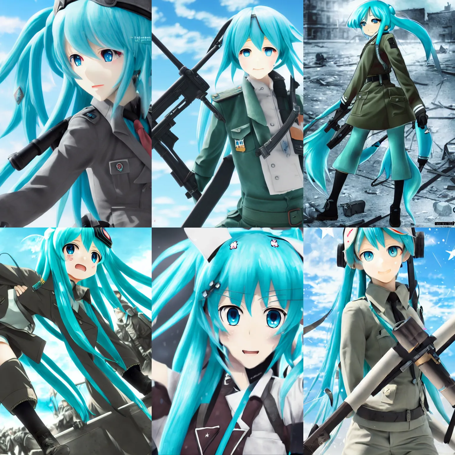 Prompt: Hatsune Miku in the WW2 Battle of Stalingrad frontlines, extremely detailed, 4k high resolution, anime pixiv