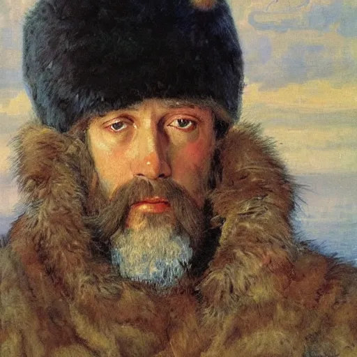 Image similar to portrait of tsar in fur hat Ivan the Terrible listening smartphone masterpiece painting by vasnetsov and surikov, JEAN-VICTOR BERTIN, by Terence Cuneo, detailed, artfully traced, 4k resolution, cinematic, dramatic
