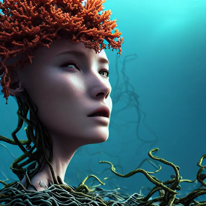 Image similar to female android dryad standing, entwined by seaweed and coral, deep ocean, surreal, light shining through, hyper - realistic, highly detailed, sharp focus, smooth, intricate, octane render