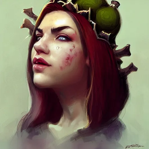 Prompt: doomguy as an attractive young smiling woman wearing a mushroom crown, face portrait, hd shot, digital portrait, beautiful, fantasy art, artstation, comic style, by artgerm, guy denning, jakub rozalski, magali villeneuve and charlie bowater