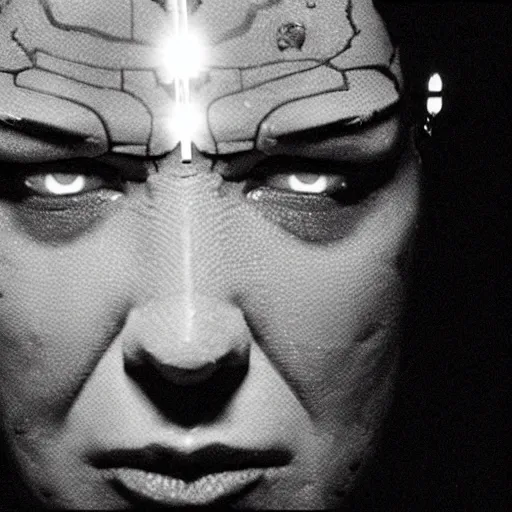 Image similar to movie still of cyborg with glowing third eye, cinematic composition, cinematic light, criterion collection, by david lynch